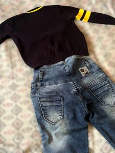 Stylish Denim Jeans &amp; Cardigan Set