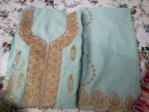 Pure Georgette Embellished Sky Blue Dress Material