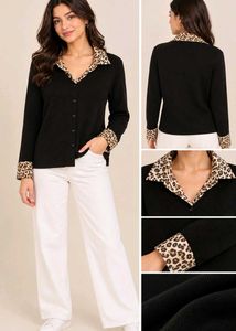 Chick Brown Cardigan with Leopard Print Collar