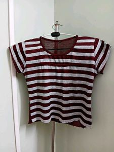 Maroon & White Striped T-Shirt For Women