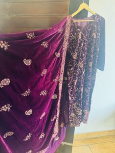 Velvet Embroidered Kurta with Shawl