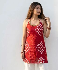 Red Bandhani Print Halter Neck Kurta