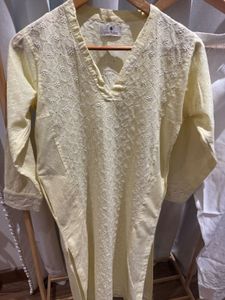 Butter Yellow Cotton Chikankari Kurta with Mukaish