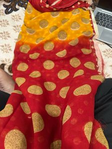 Charming Red &amp; Yellow Polka Dot Saree