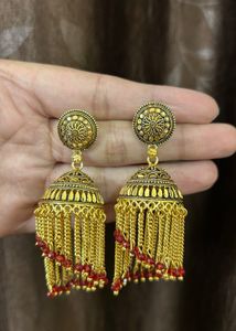 Exquisite Gold-Tone Jhumka Earrings with Red Beads