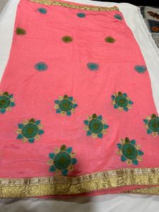 Pink Embroidered Saree with Gold Border