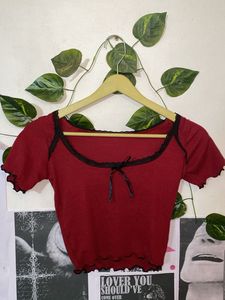 Maroon Ribbed Crop Top with Black Lace Trim