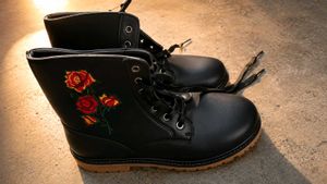 Black Embroidered Rose Combat Boots