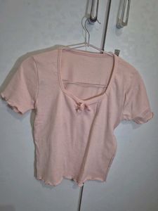 Cute Pink Ribbed Square Neck Top