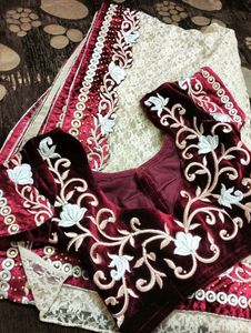 Designer Saree With Red Velvet Blouse And Border