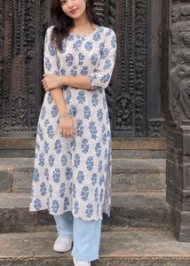 Blue Floral Print Cotton Kurta