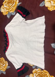 White Ribbed Top with Ruffle Sleeves
