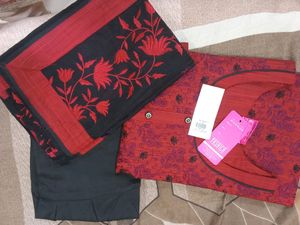 Embroidered Kurti With Dupatta And Churidar Set