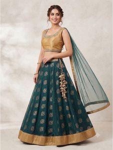 Dark Green &amp; Gold Ethnic Lehenga Set with Dupatta
