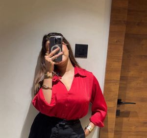 Vibrant Red Collared Button-Up Shirt