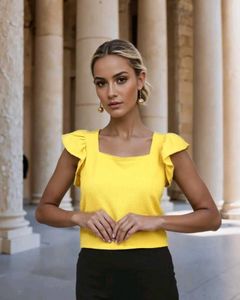 Shein fitted square nevk Yellow Ruffle Sleeve Top