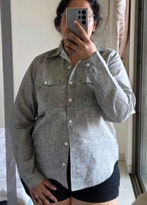 Grey Pure Linen Collared Shirt