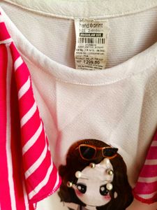 Hand Print Girls White Printed Top with Pink Strip