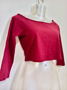 Maroon Off-Shoulder Long Sleeve Crop Top