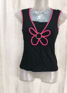 Black Sleeveless Top with Pink Flower Design