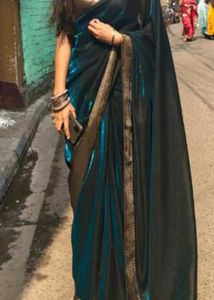 Elegant Teal &amp; Black Saree with Gold Border