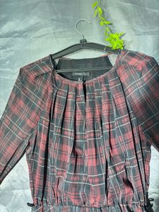 MANGO Red Plaid Long Sleeve Dress