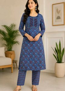 Stylish Blue Printed Kurta Set