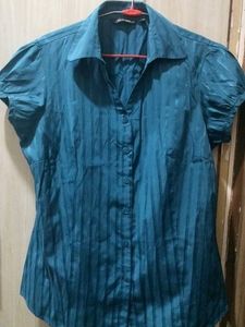 Chic Teal Striped Button-Up Blouse