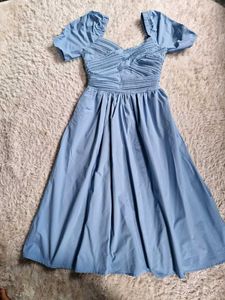 Sky Blue Puff Sleeve Midi Dress With pocket