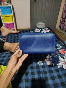 Blue Zip Around Wallet with Pom Char