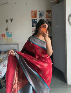 Elegant Red Saree with Grey Border