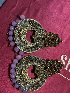 Golden Ethnic Earrings With Baby Pink Pearls
