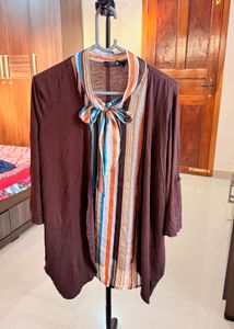 Striped Tie-Neck Blouse with Cardigan