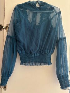 Elegant Blue Lace Trim Sheer Top