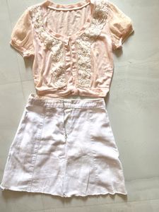Light Pink Cropped Cardigan Top &amp; Skirt