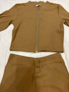 Brown Ribbed Knit Co-ord Set