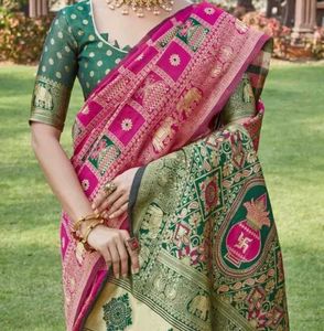 Elegant Pink &amp; Green Banarasi Silk Saree