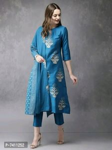 Stylish Blue Foil Print Kurta With Pant&amp; Dupatta