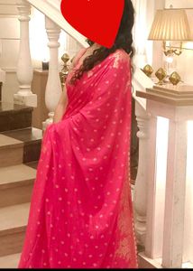 Vibrant Pink Saree with Golden Border