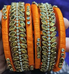 Orange Silk Thread Bangles with Stone Work