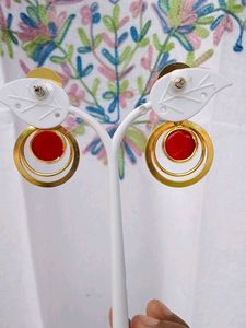 Gold Tone Red Stone Hoop Earrings