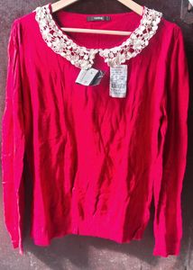 Chic Red Top with Lace Collar