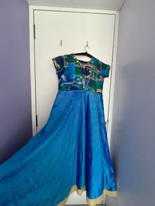 Blue Ethnic Gown with Printed Bodice