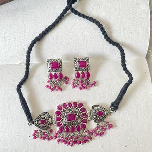 Pink Silver-Tone Jewellery Set