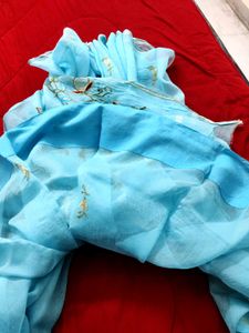 Sky Blue Embroidered Cotton Saree 🌸💙