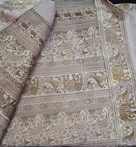 Elegant Nude Saree with Deer and Peacock Print