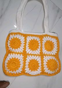Handmade Crochet Tote Bag - Yellow &amp; White