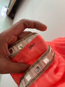 Orange Striped Saree with Mirror Work Border