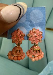 Pink Jhumka &amp; evil eye bracelet c