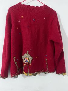 Red Knitted Cardigan with Embroidery